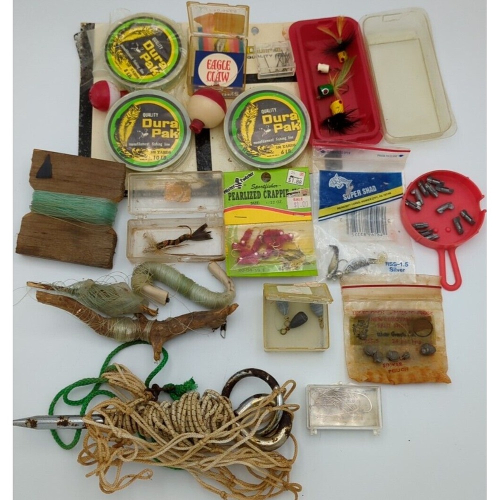 72+ pc Vtg Fishing Lot Lures Popfly Jig Shad Hooks Sinkers Monofilament Net Bobs